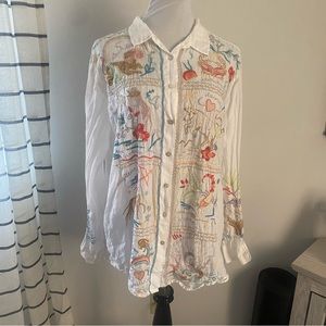 Johnny Was Zodiac Sign Astrology White Tunic Blouse Embroidered Top Size Large